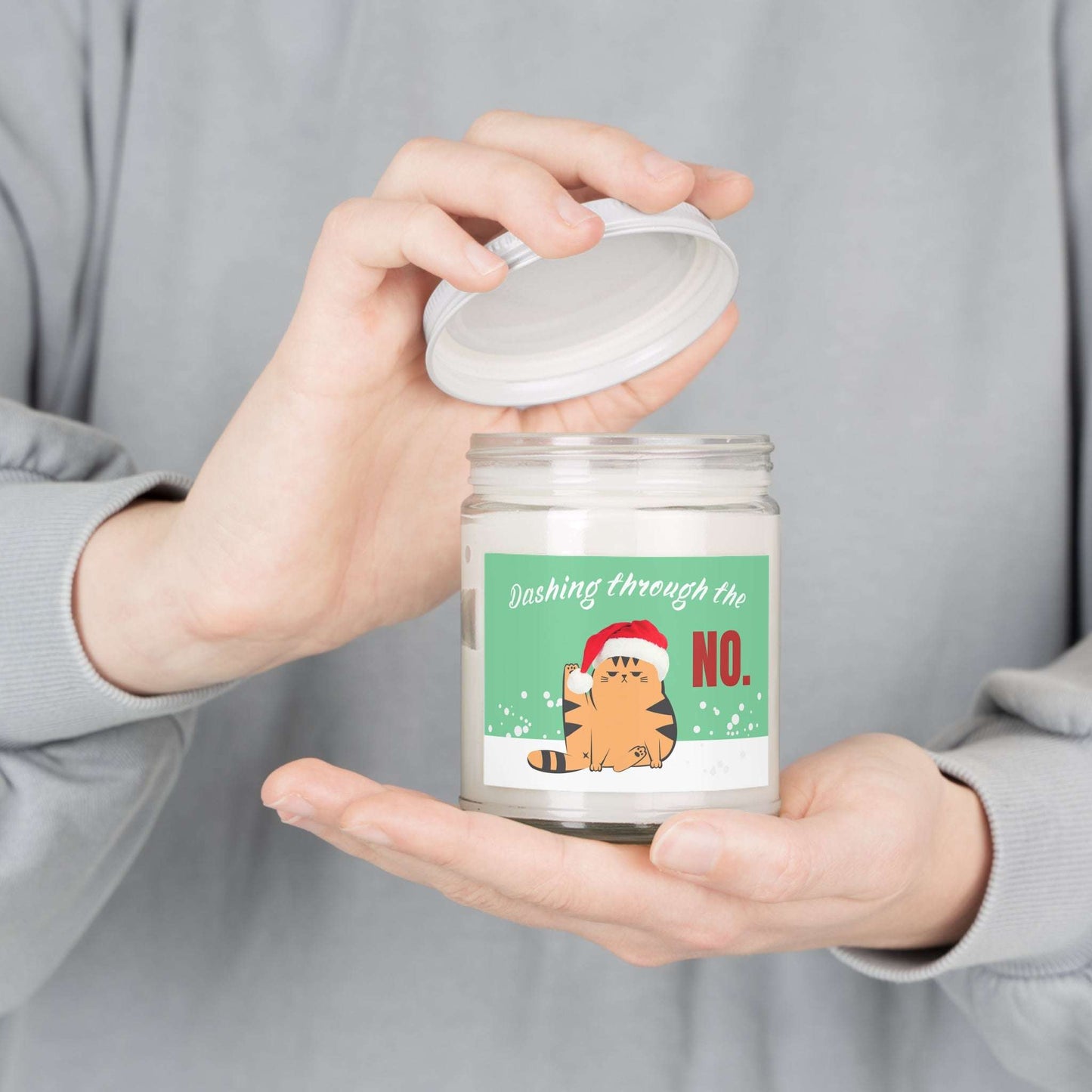 Funny Christmas Cat Scented Candle Dashing Through the No - Kittie Korner Printing LLC