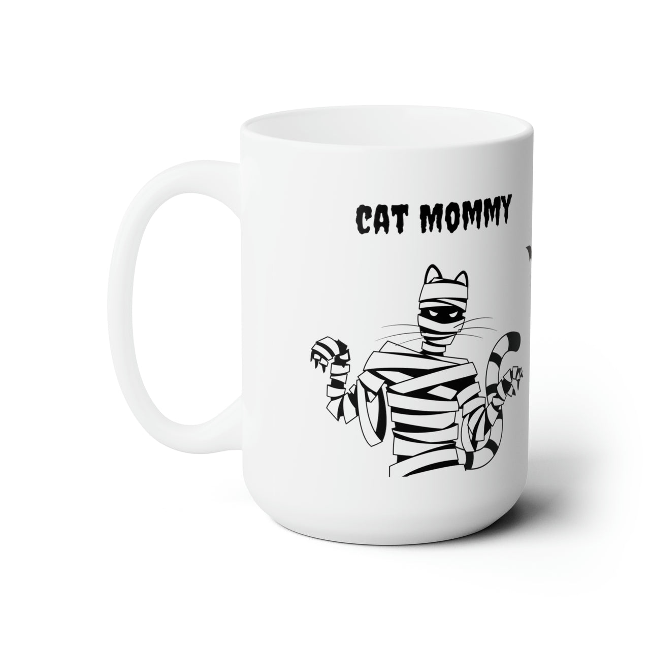 Funny Halloween cat mug with spooky cat mummy image and the words "Cat Mommy" for cat moms