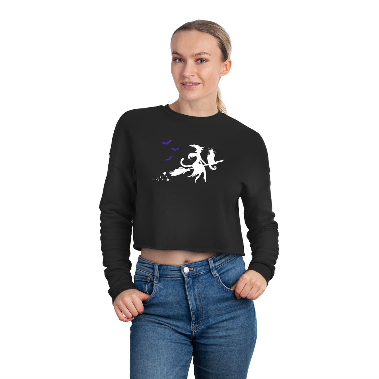 Halloween Cat Witch on a Broom Crop Top Shirt Sweater for Women and Teen Girls