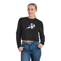 Thumbnail for Halloween Cat Witch on a Broom Crop Top Shirt Sweater for Women and Teen Girls