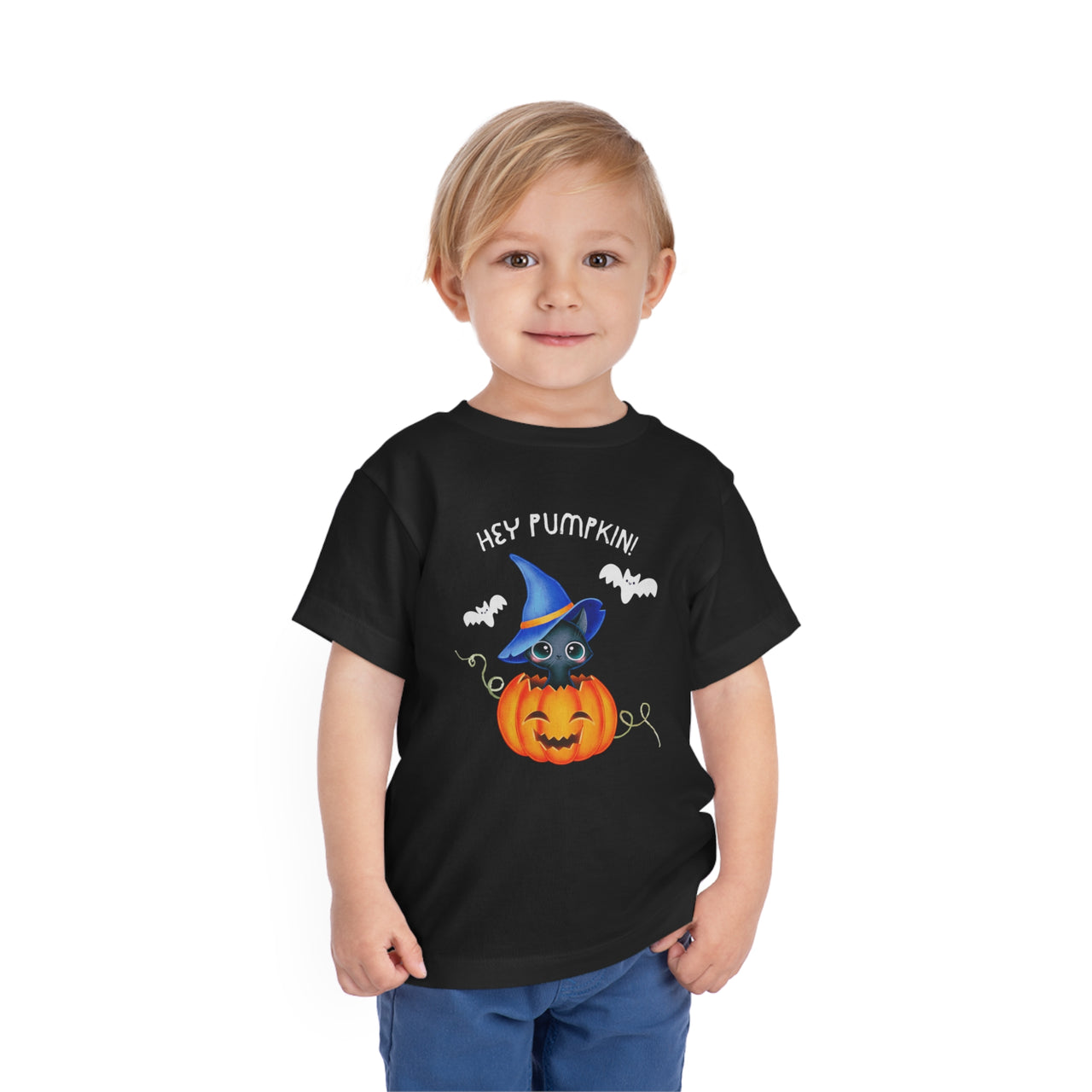 Hey Pumpkin Cute Halloween Toddler Short Sleeve Cat Witch Tee