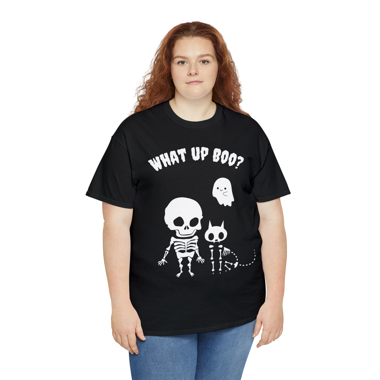 What Up Boo Mens and Womens Cute Halloween Skeleton Cat Shirt Unisex Heavy Cotton Tee