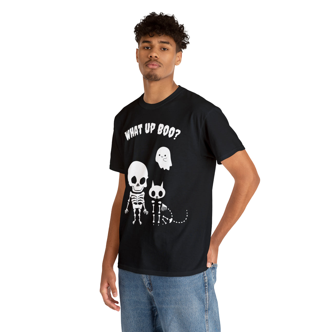 What Up Boo Mens and Womens Cute Halloween Skeleton Cat Shirt Unisex Heavy Cotton Tee