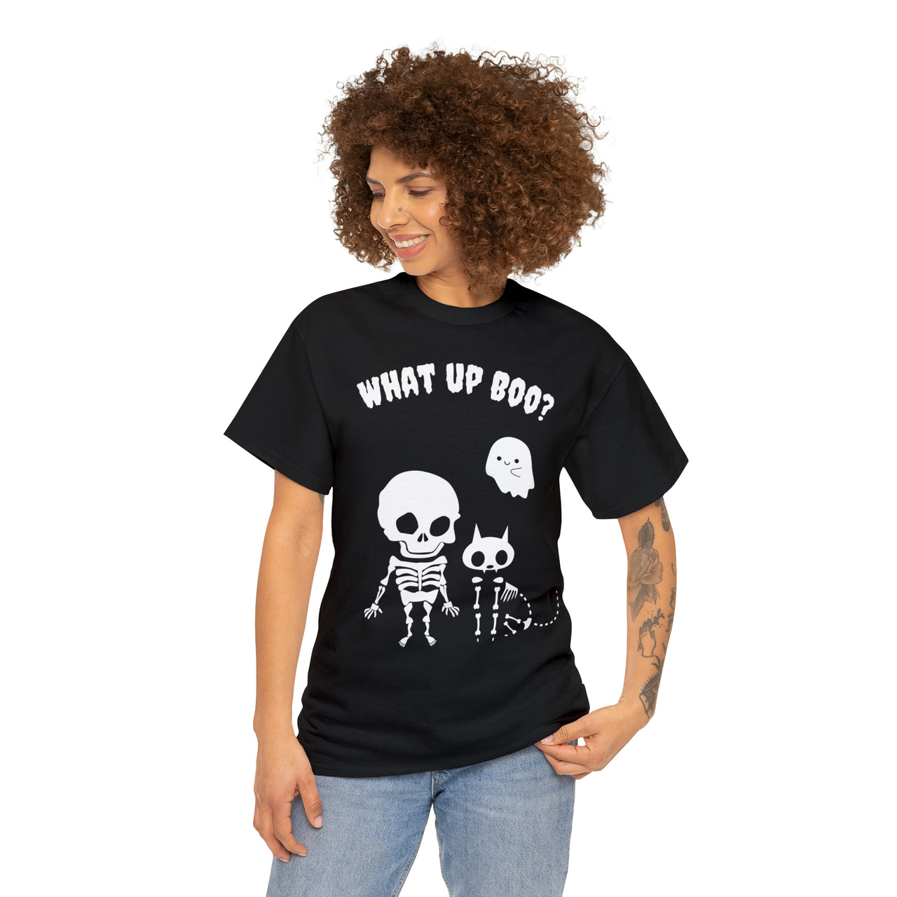 What Up Boo Mens and Womens Cute Halloween Skeleton Cat Shirt Unisex Heavy Cotton Tee