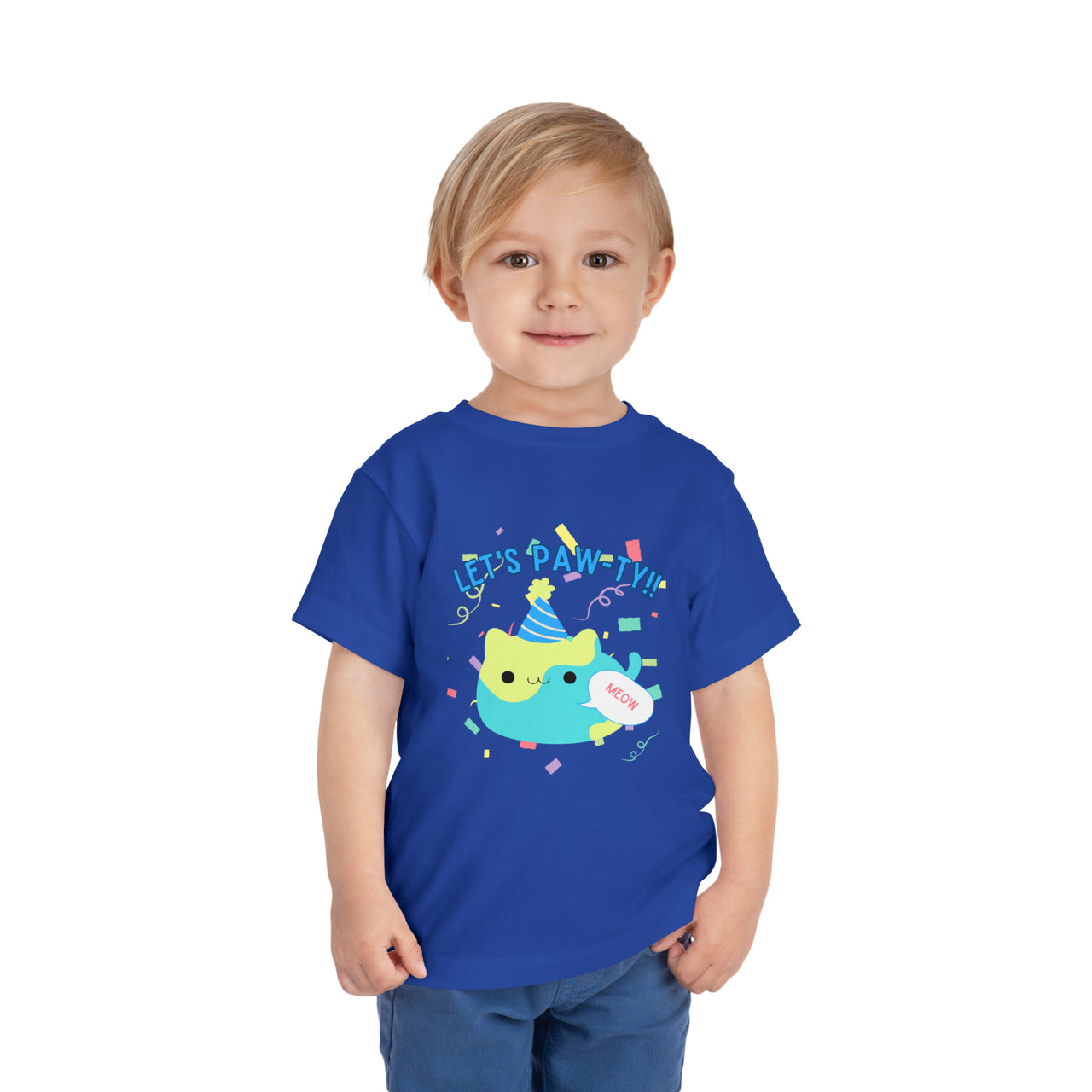 cute toddler cat shirt with fat cat graphic with party hat. Birthday cat shirt that says Let's Pawty!