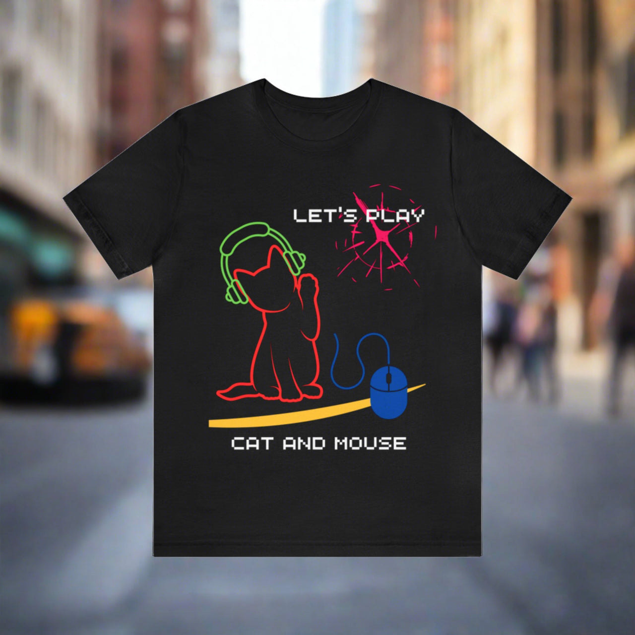 Funny cat shirt for gamers with text that says Let's Play Cat and Mouse