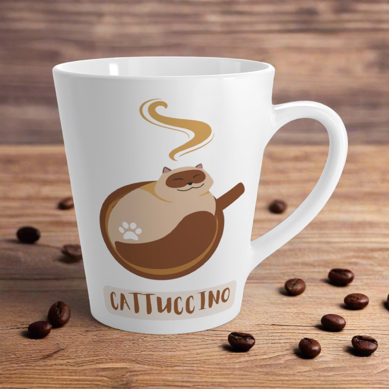 Funny white cat mug featuring a happy cat in a coffee mug with the word Cattuccino