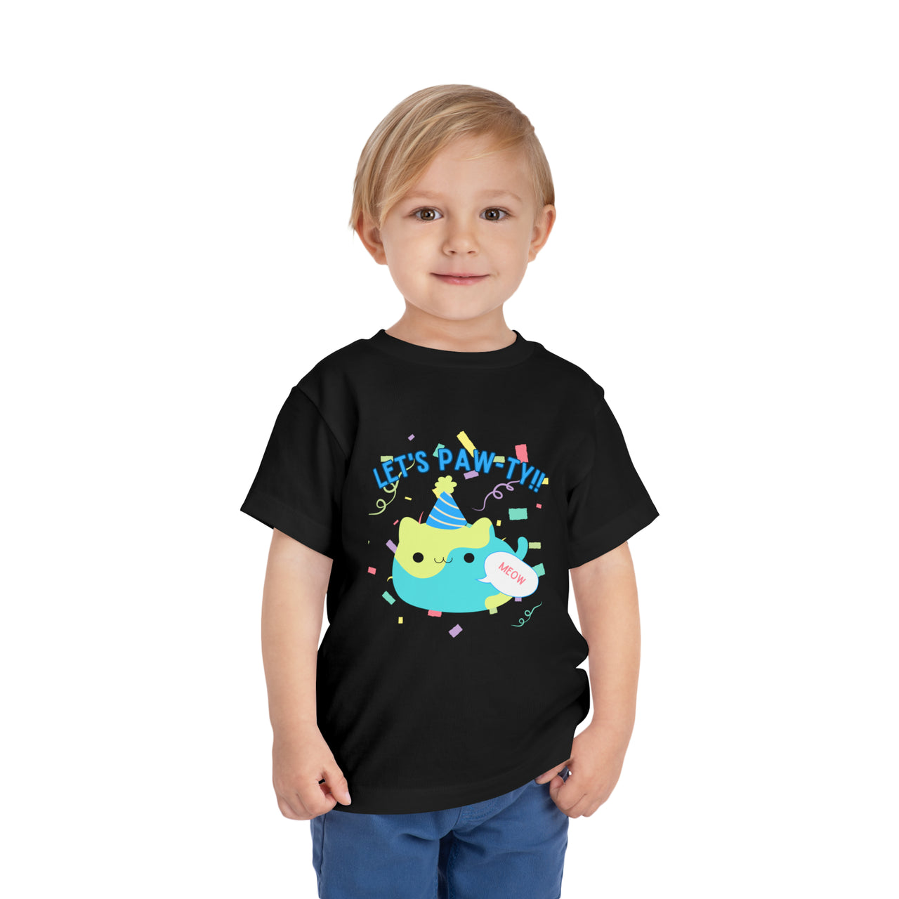 cute toddler cat shirt with fat cat graphic with party hat. Birthday cat shirt that says Let's Pawty!