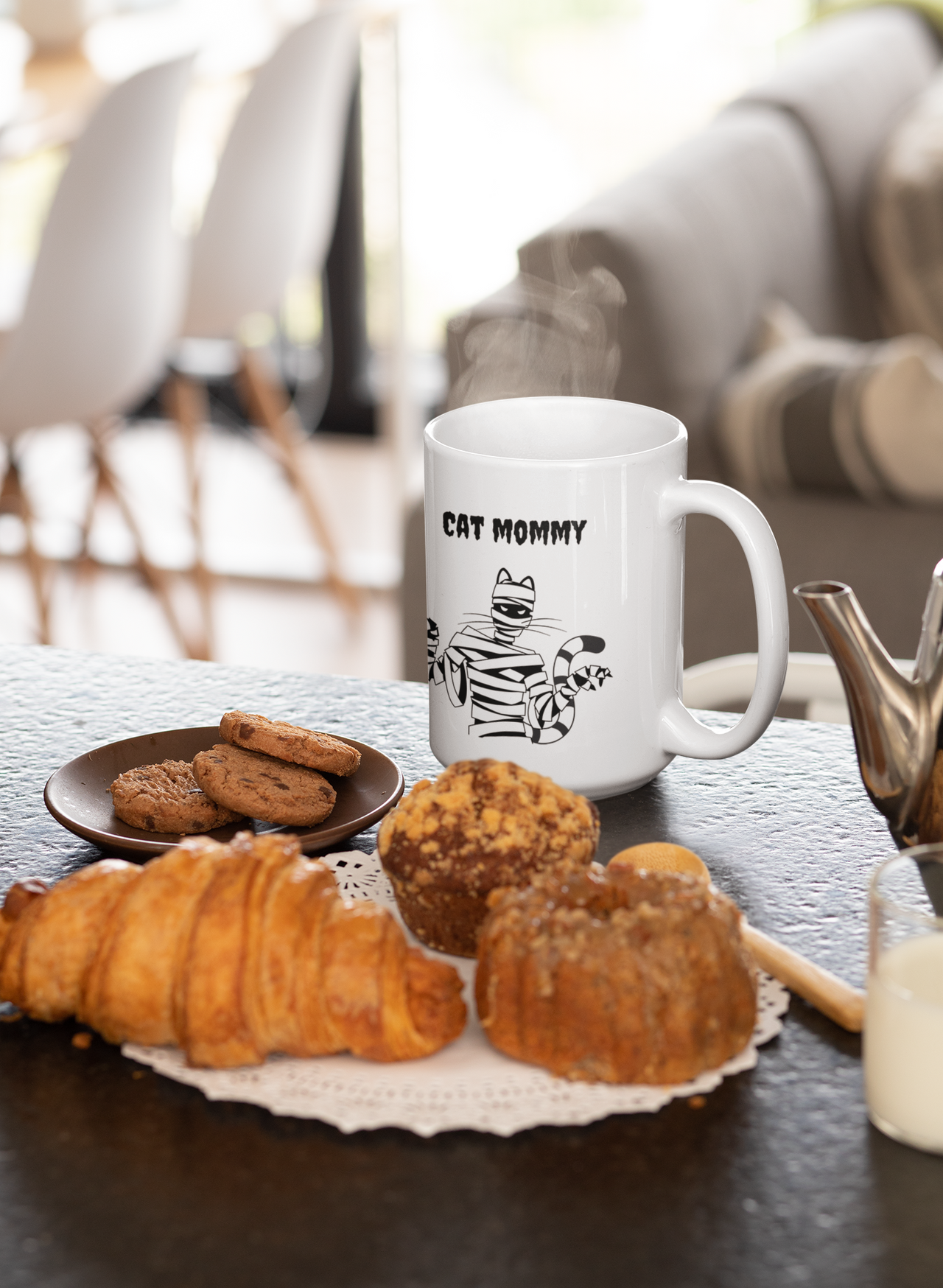 Funny Halloween cat mug with spooky cat mummy image and the words "Cat Mommy" for cat moms