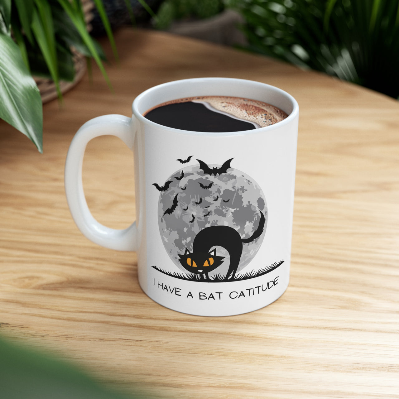 Funny Halloween Cat Mug Ceramic 11oz Bat Catitude