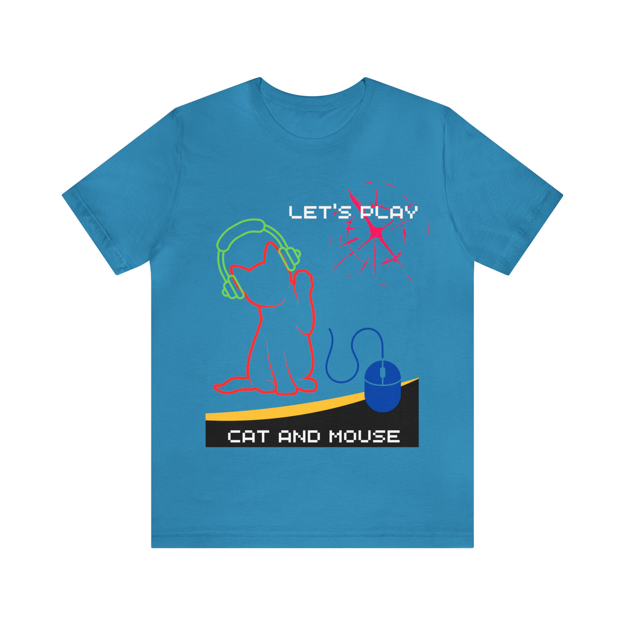 Funny cat shirt for gamers with text that says Let's Play Cat and Mouse