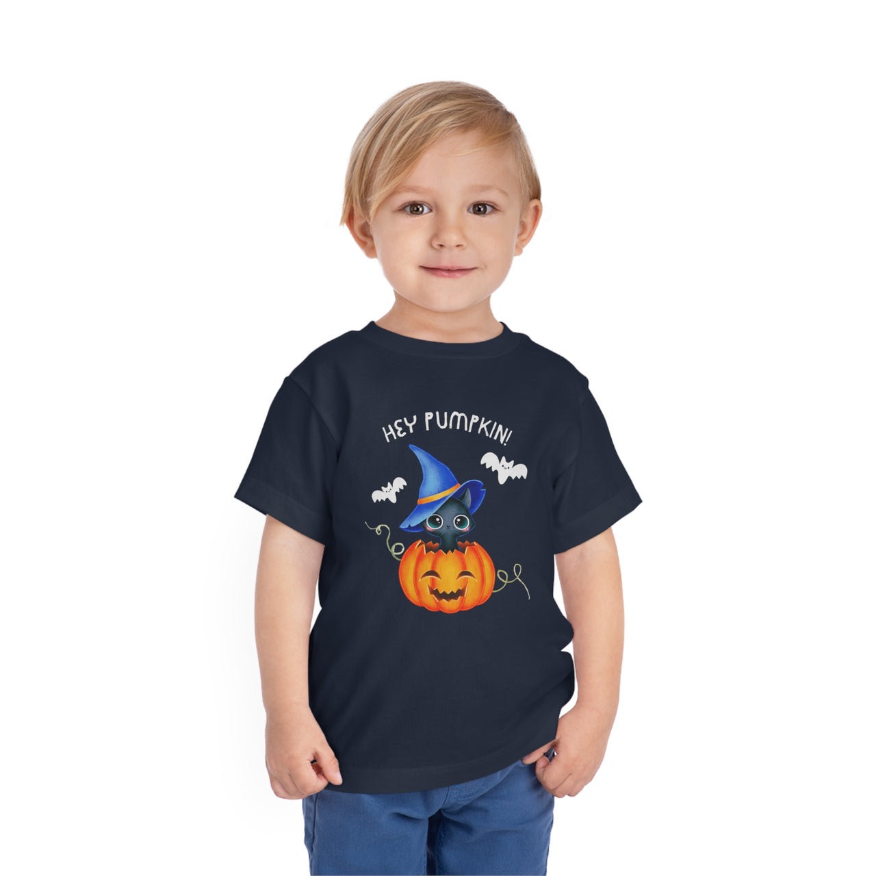 Hey Pumpkin Cute Halloween Toddler Short Sleeve Cat Witch Tee