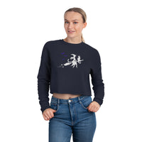 Thumbnail for Halloween Cat Witch on a Broom Crop Top Shirt Sweater for Women and Teen Girls