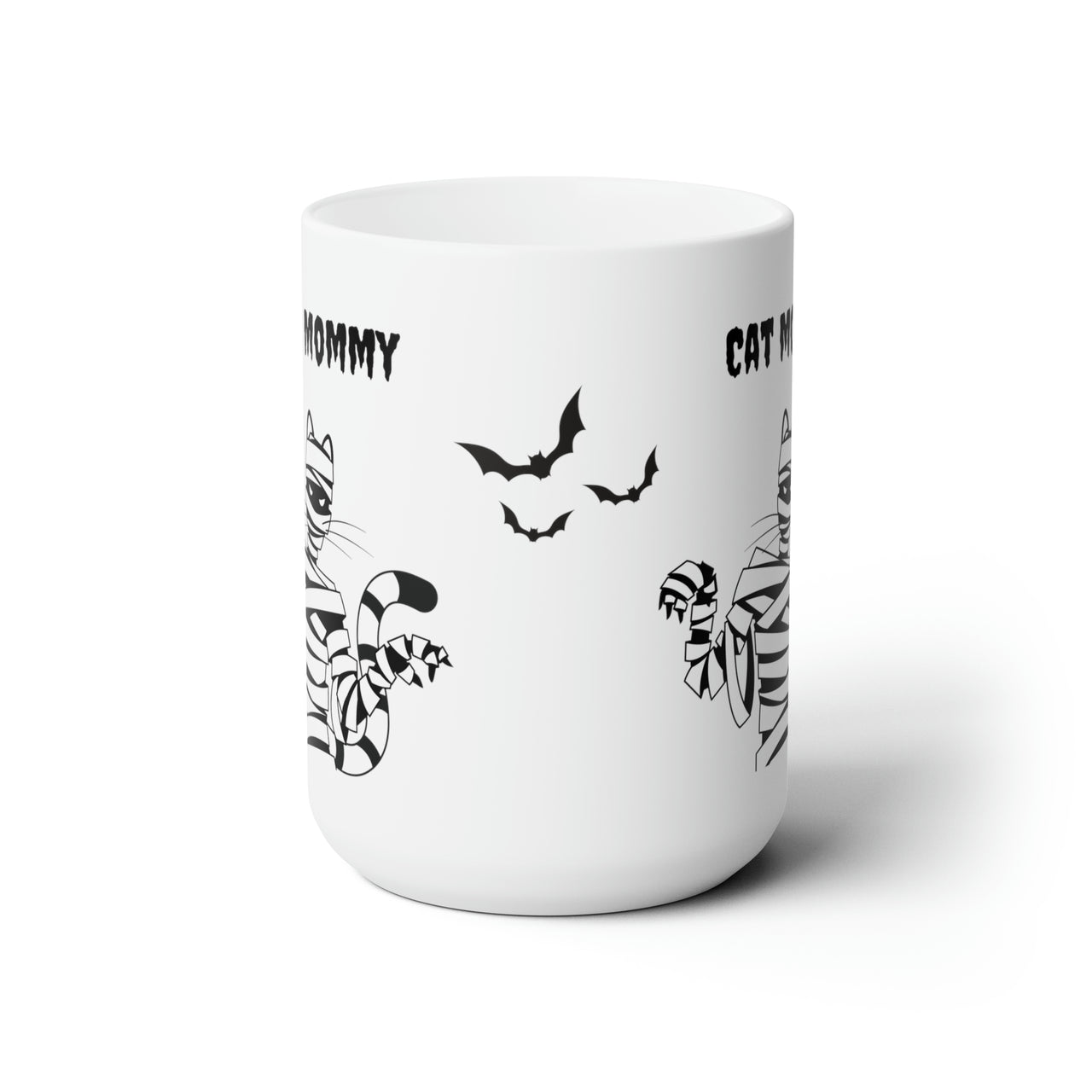 Funny Halloween cat mug with spooky cat mummy image and the words "Cat Mommy" for cat moms