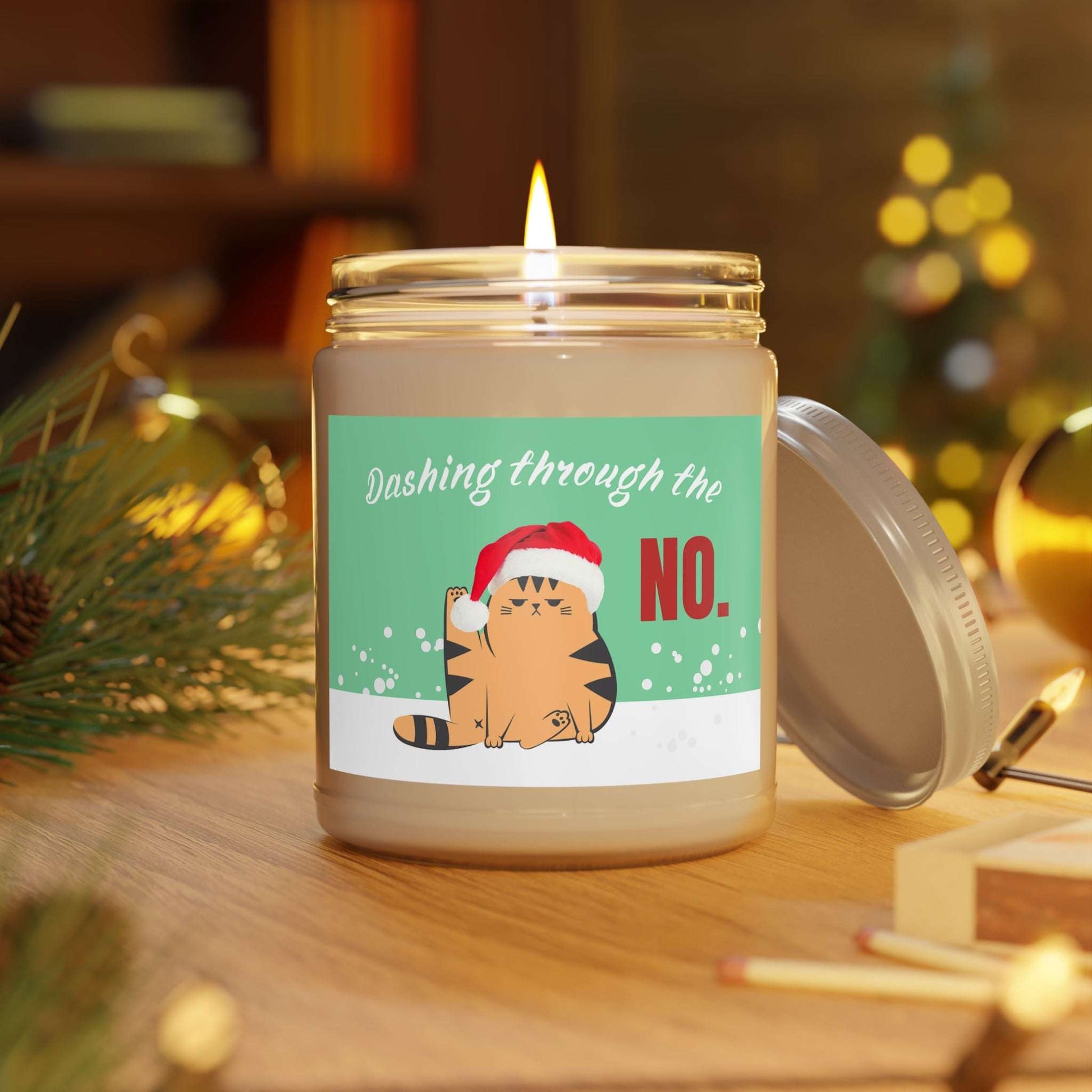 Funny Christmas Cat Scented Candle Dashing Through the No - Kittie Korner Printing LLC