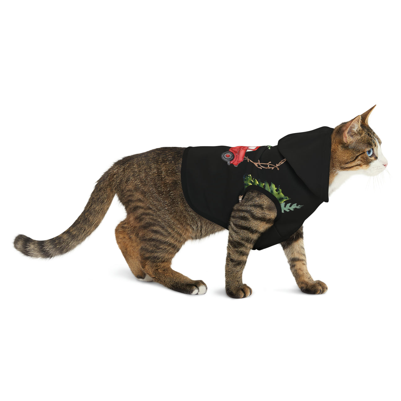 Cats in a red truck winter christmas hoodie for cats, christmas cat apparel, winter cat hoodie