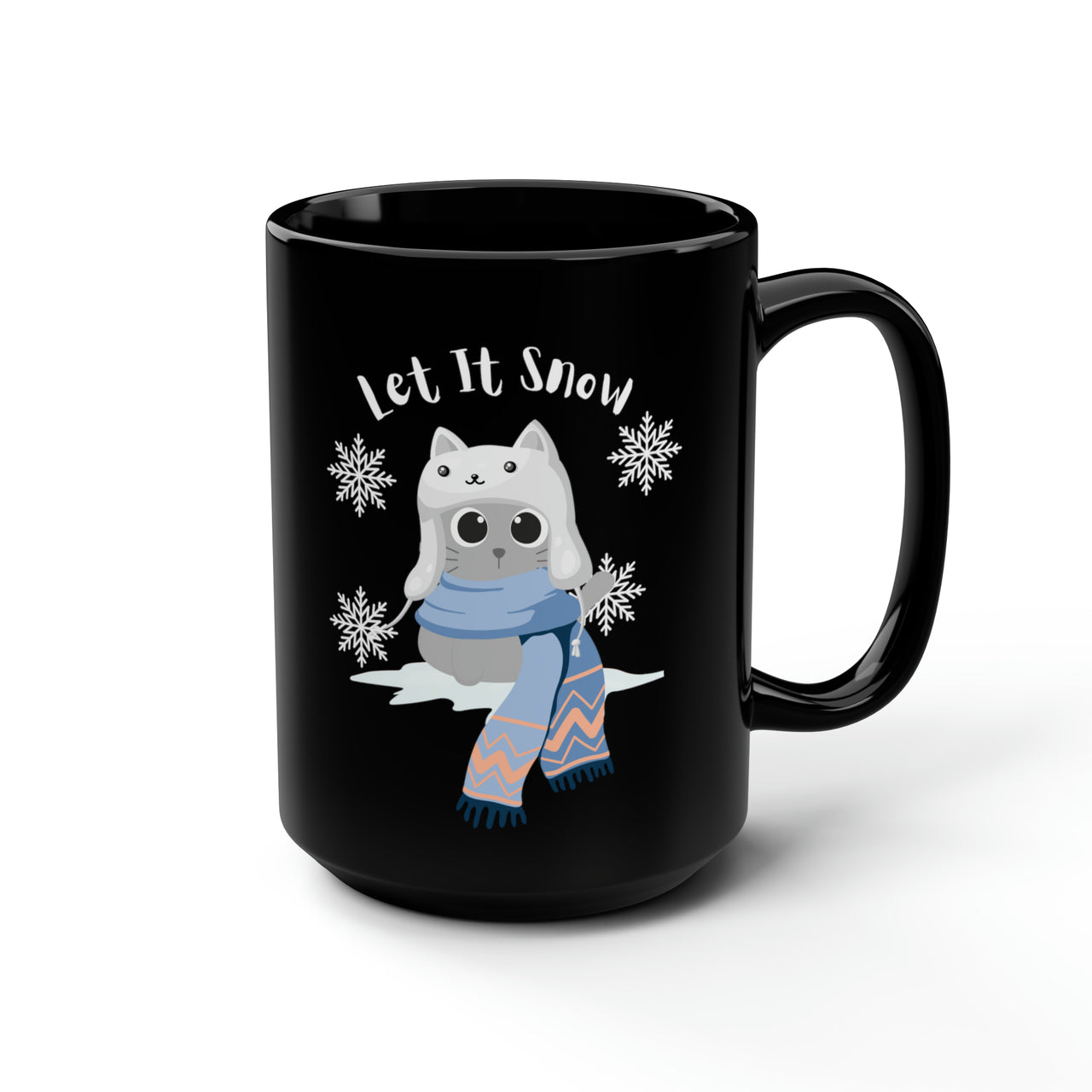 Black Mug, 15oz Let It Snow Holiday Cat Coffee Tea Cute Cat Mug