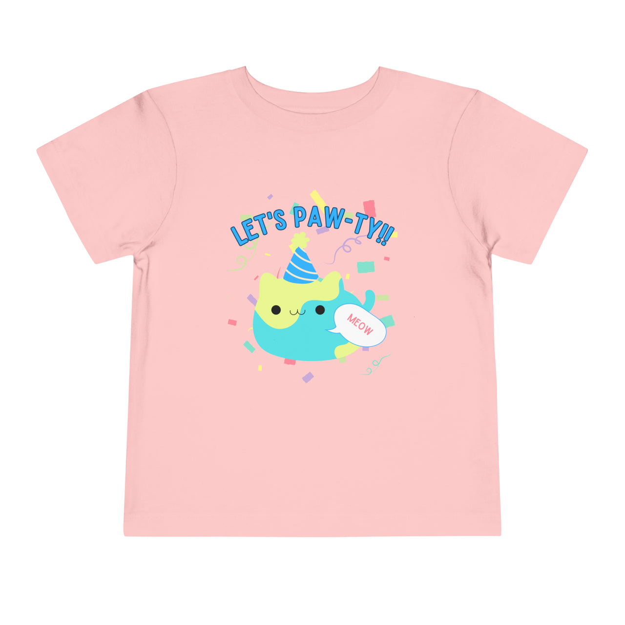 cute toddler cat shirt with fat cat graphic with party hat. Birthday cat shirt that says Let's Pawty!