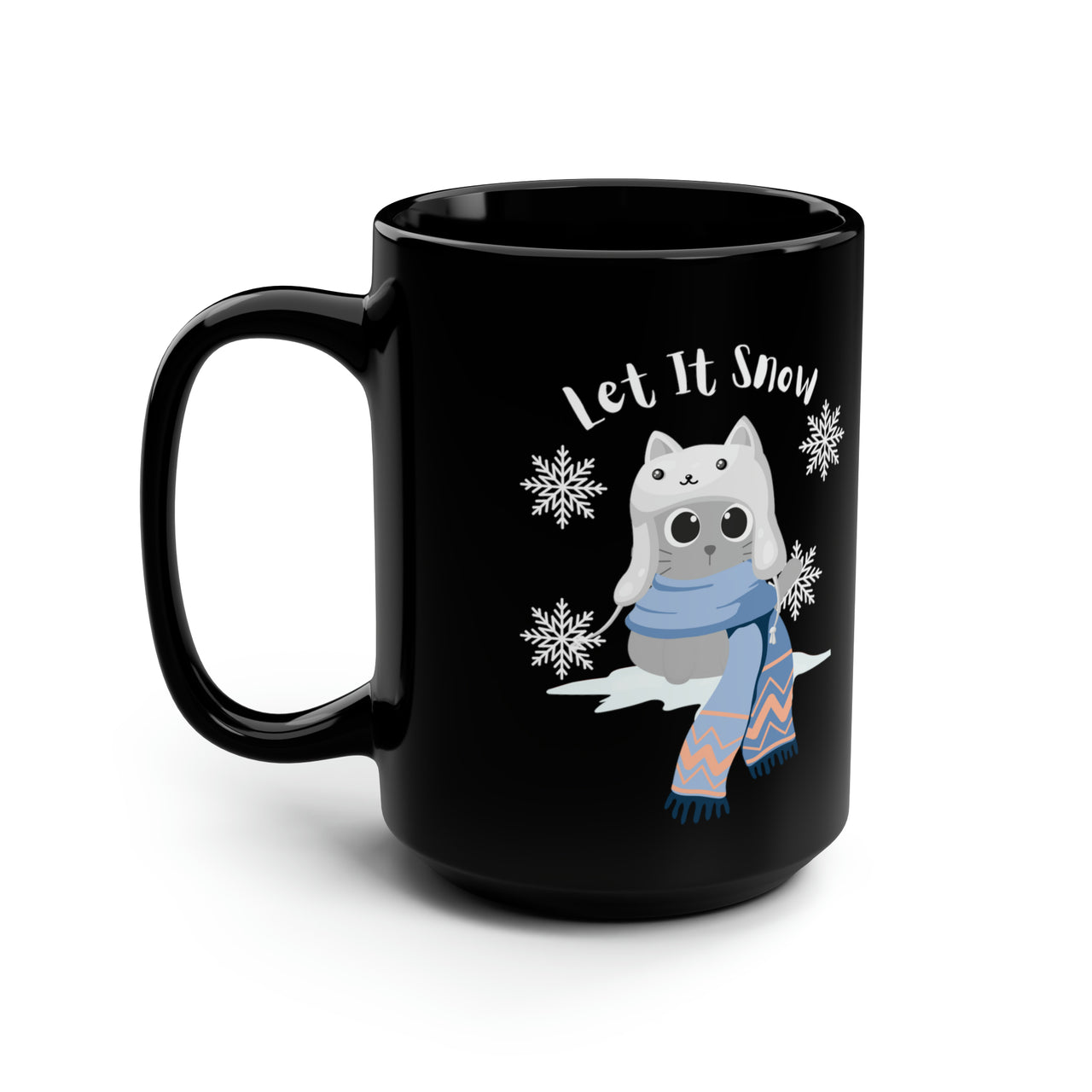 Black Mug, 15oz Let It Snow Holiday Cat Coffee Tea Cute Cat Mug