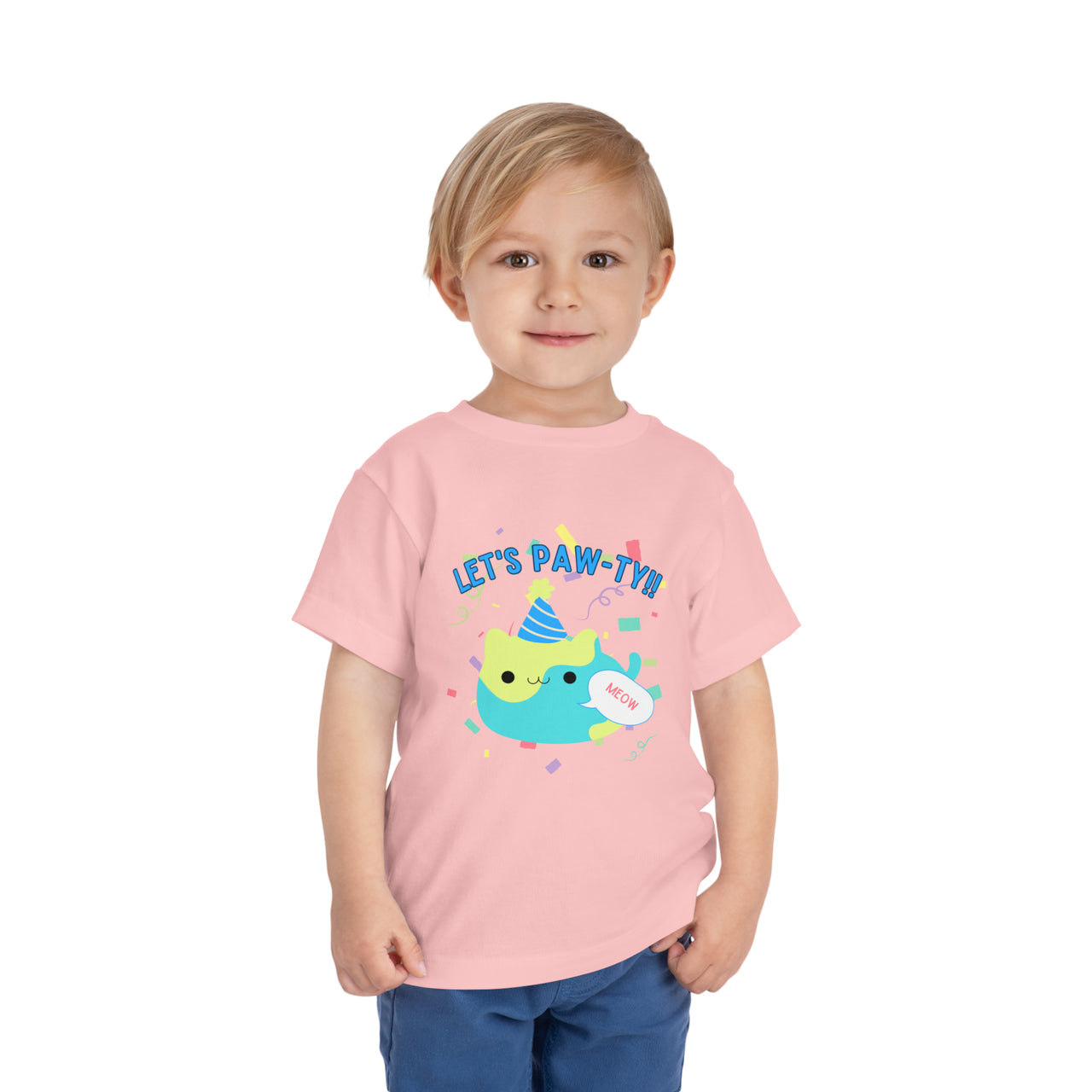 cute toddler cat shirt with fat cat graphic with party hat. Birthday cat shirt that says Let's Pawty!