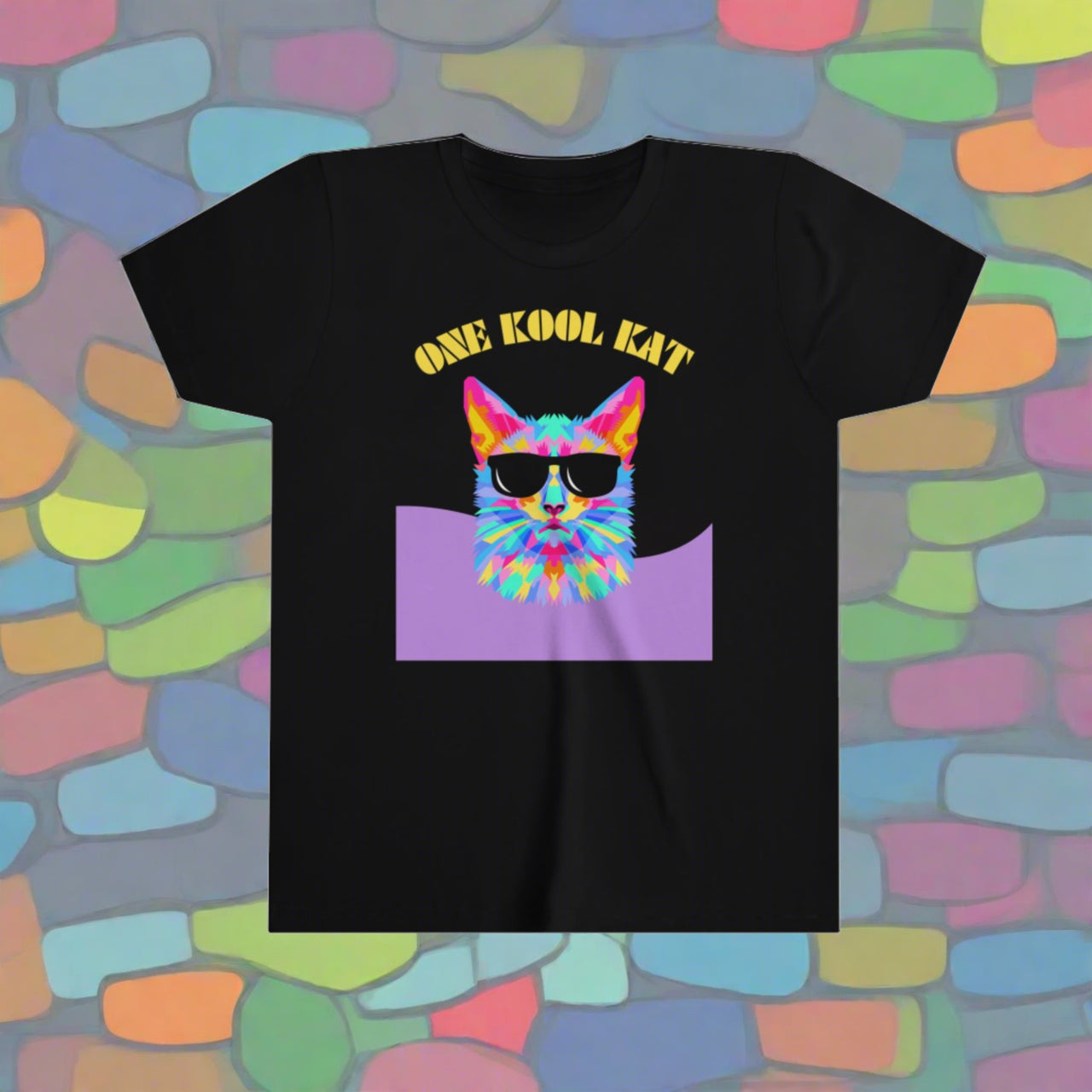 black cat t-shirt with multi-colored cat graphic showing a colorful cat in sunglasses and the words One Kool Kat