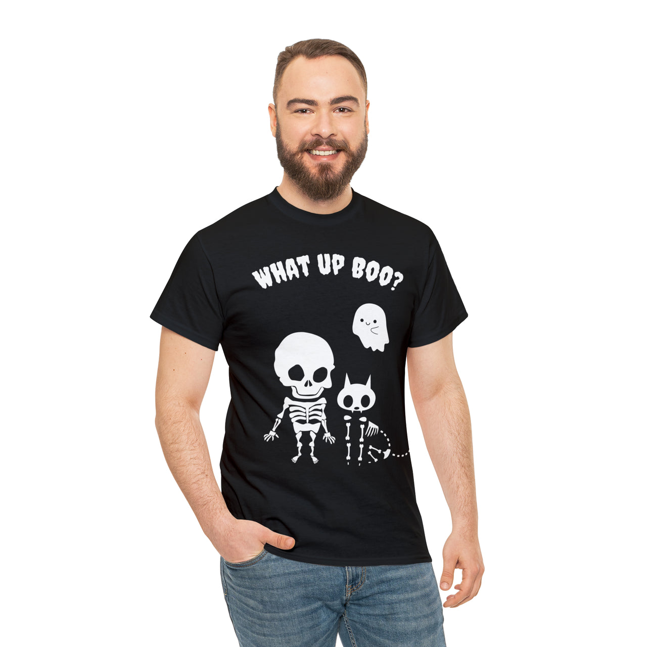 What Up Boo Mens and Womens Cute Halloween Skeleton Cat Shirt Unisex Heavy Cotton Tee