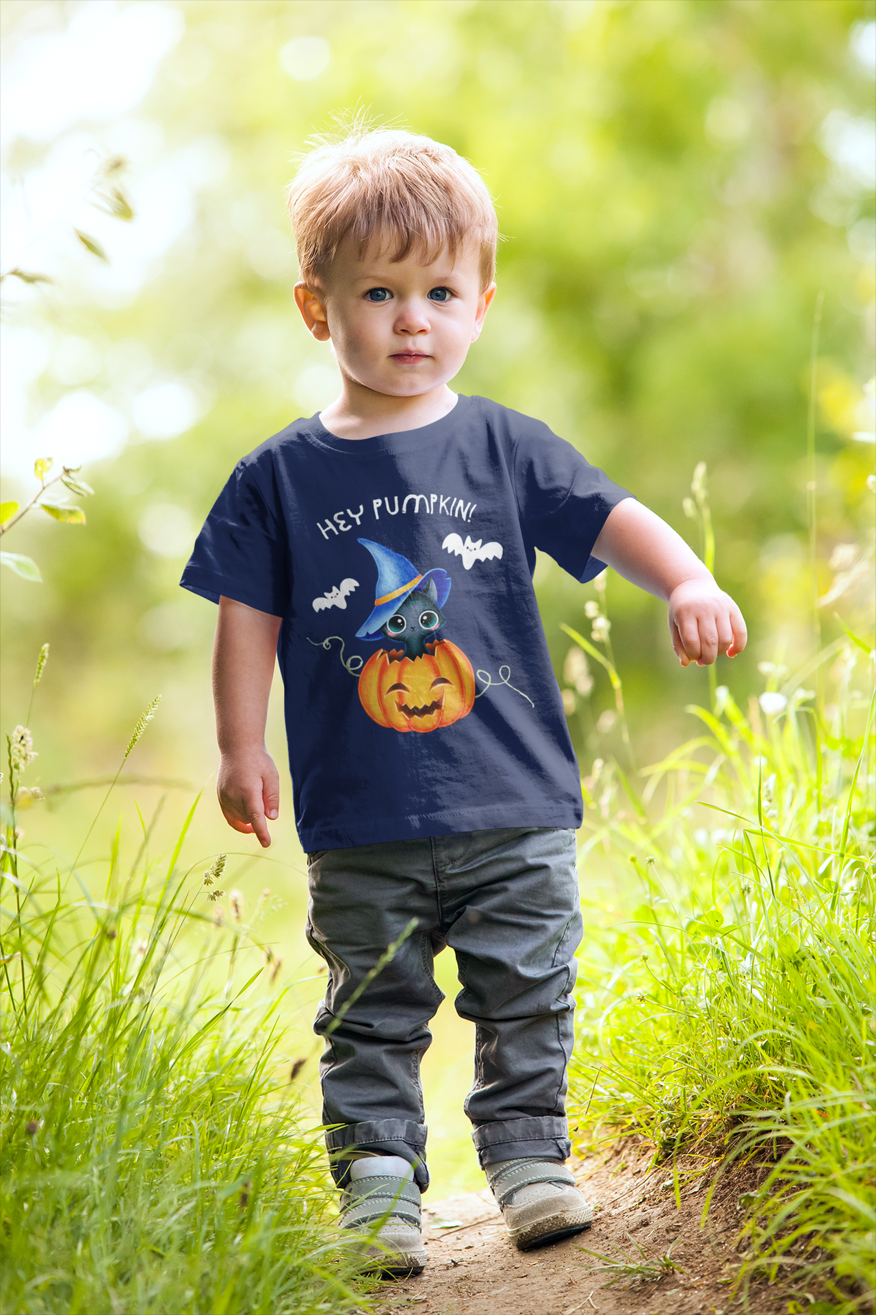 Hey Pumpkin Cute Halloween Toddler Short Sleeve Cat Witch Tee