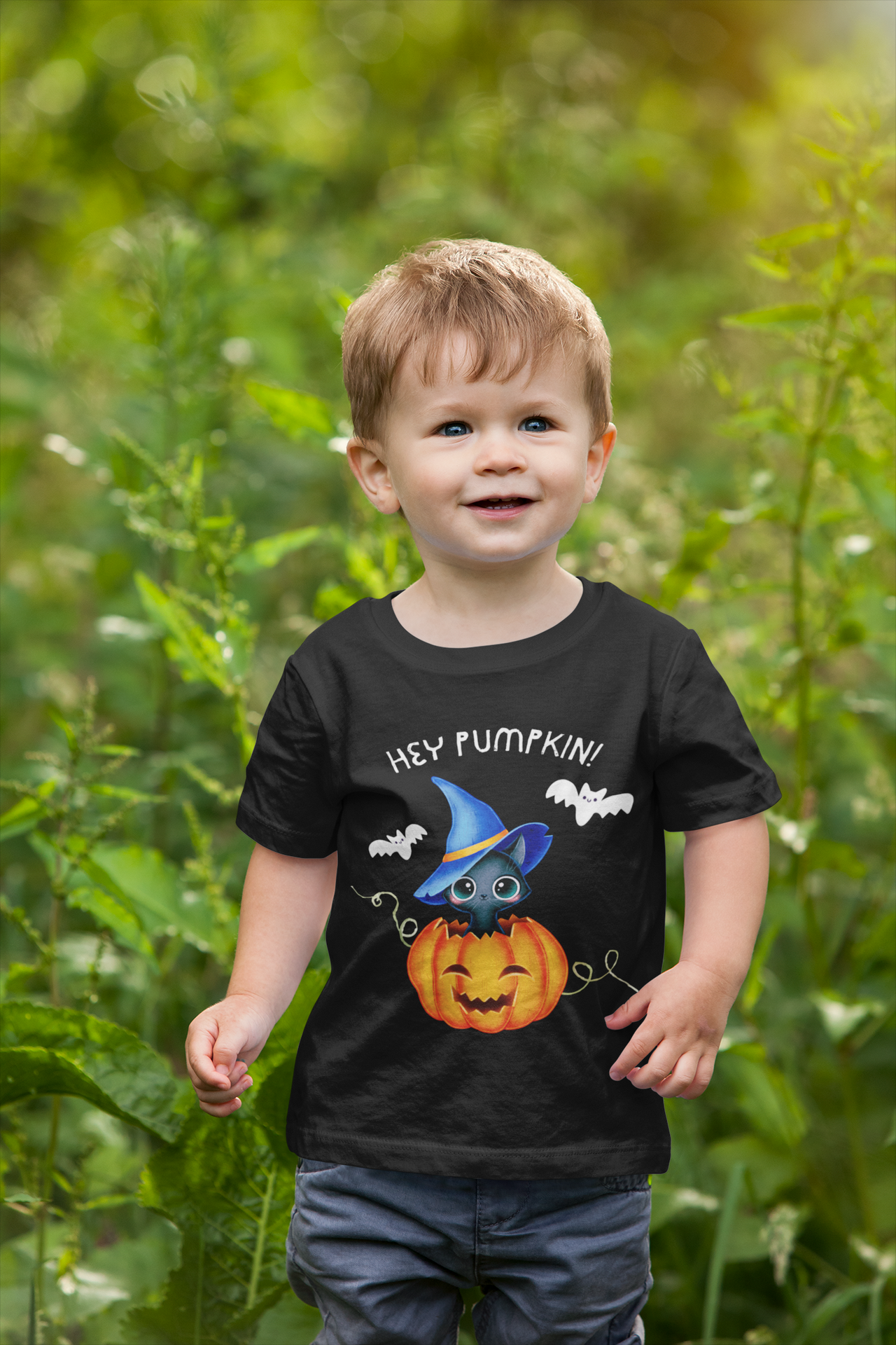 Hey Pumpkin Cute Halloween Toddler Short Sleeve Cat Witch Tee