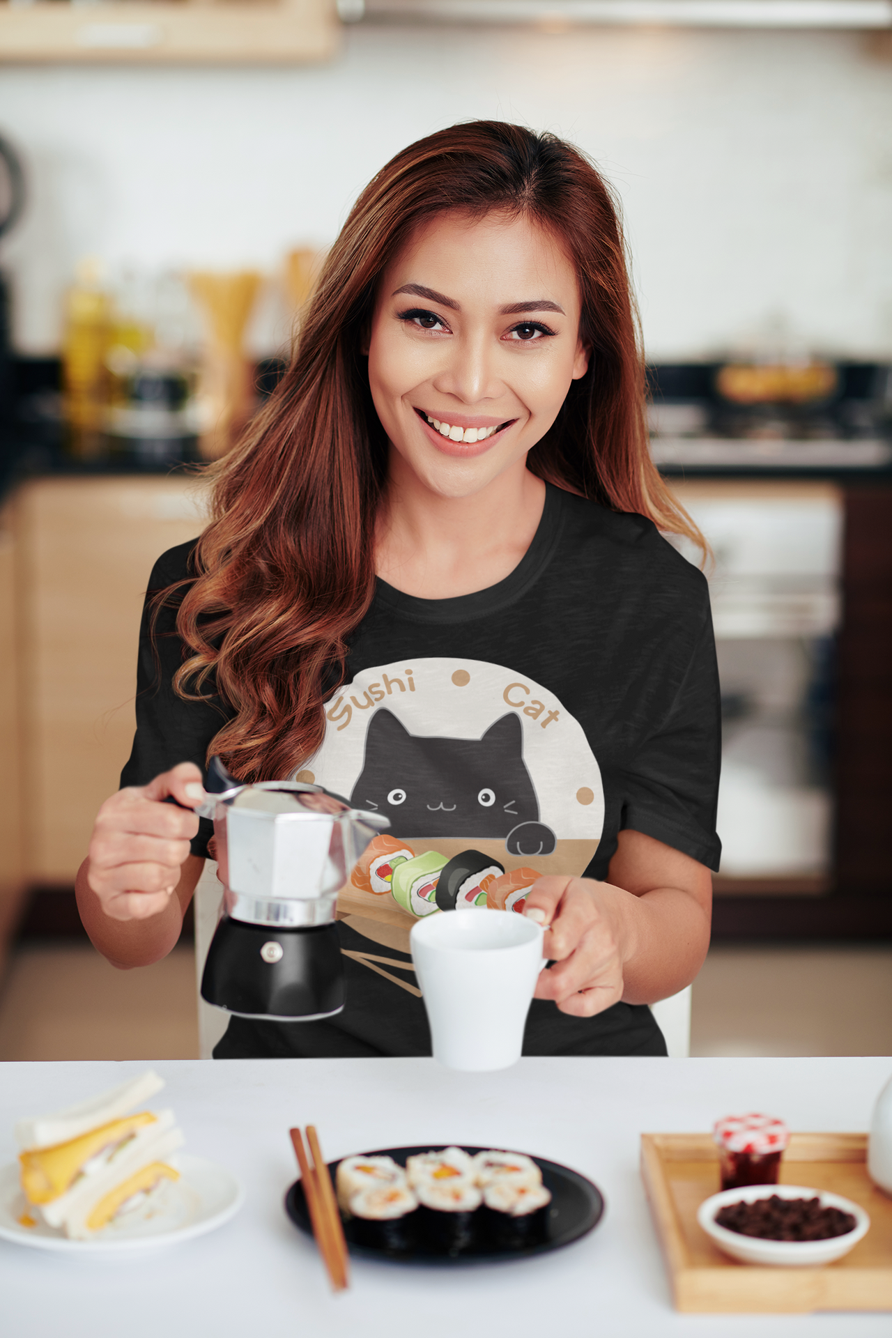 Funny Cat Shirt for Men and Women Short Sleeve Tee Cute Sushi Cat