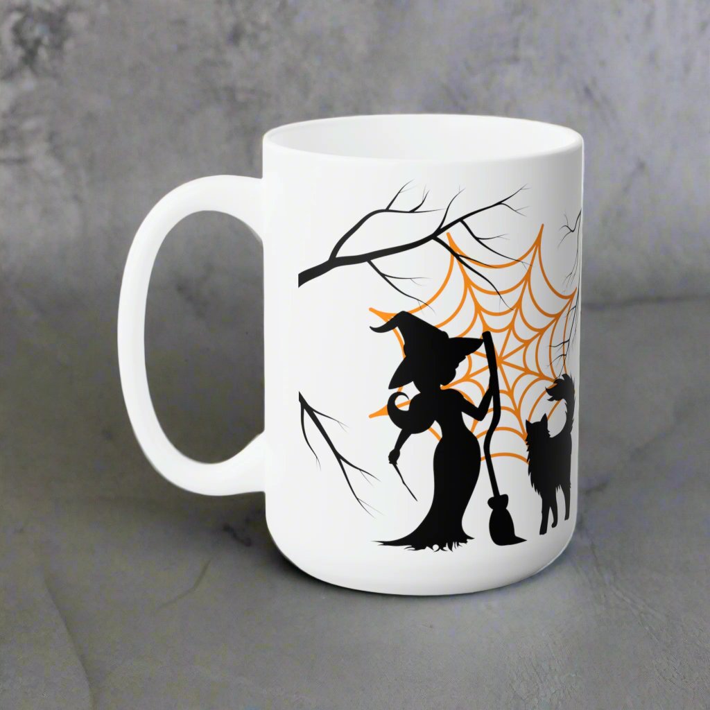 Halloween Better With a Cat Cute Witch White Ceramic Mug 15oz