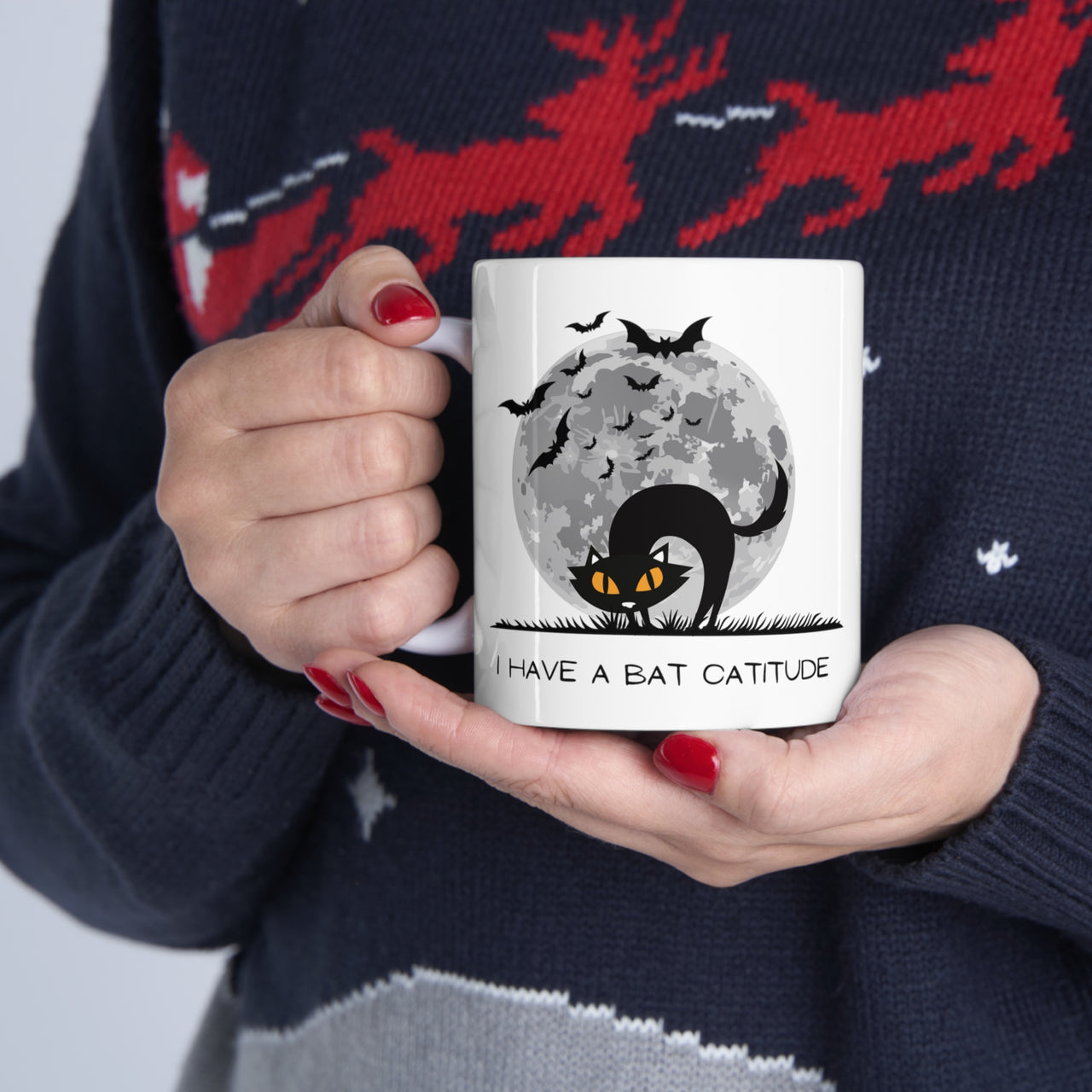 Funny Halloween Cat Mug Ceramic 11oz Bat Catitude