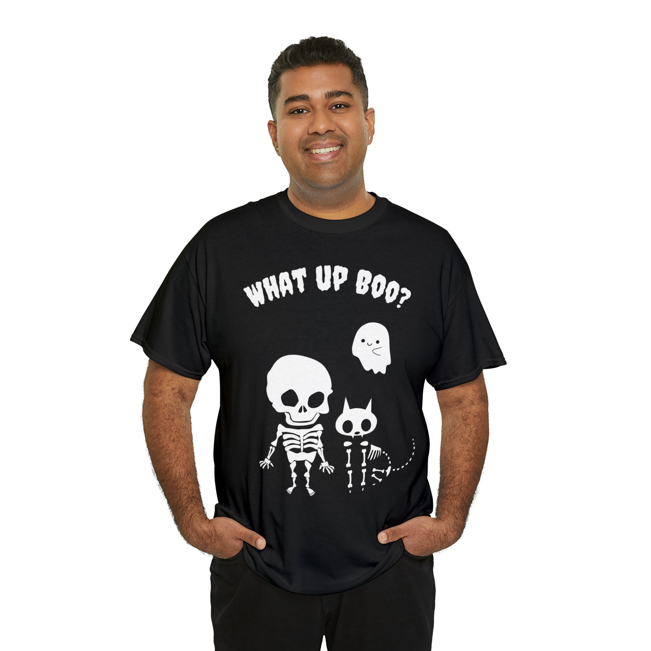 What Up Boo Mens and Womens Cute Halloween Skeleton Cat Shirt Unisex Heavy Cotton Tee