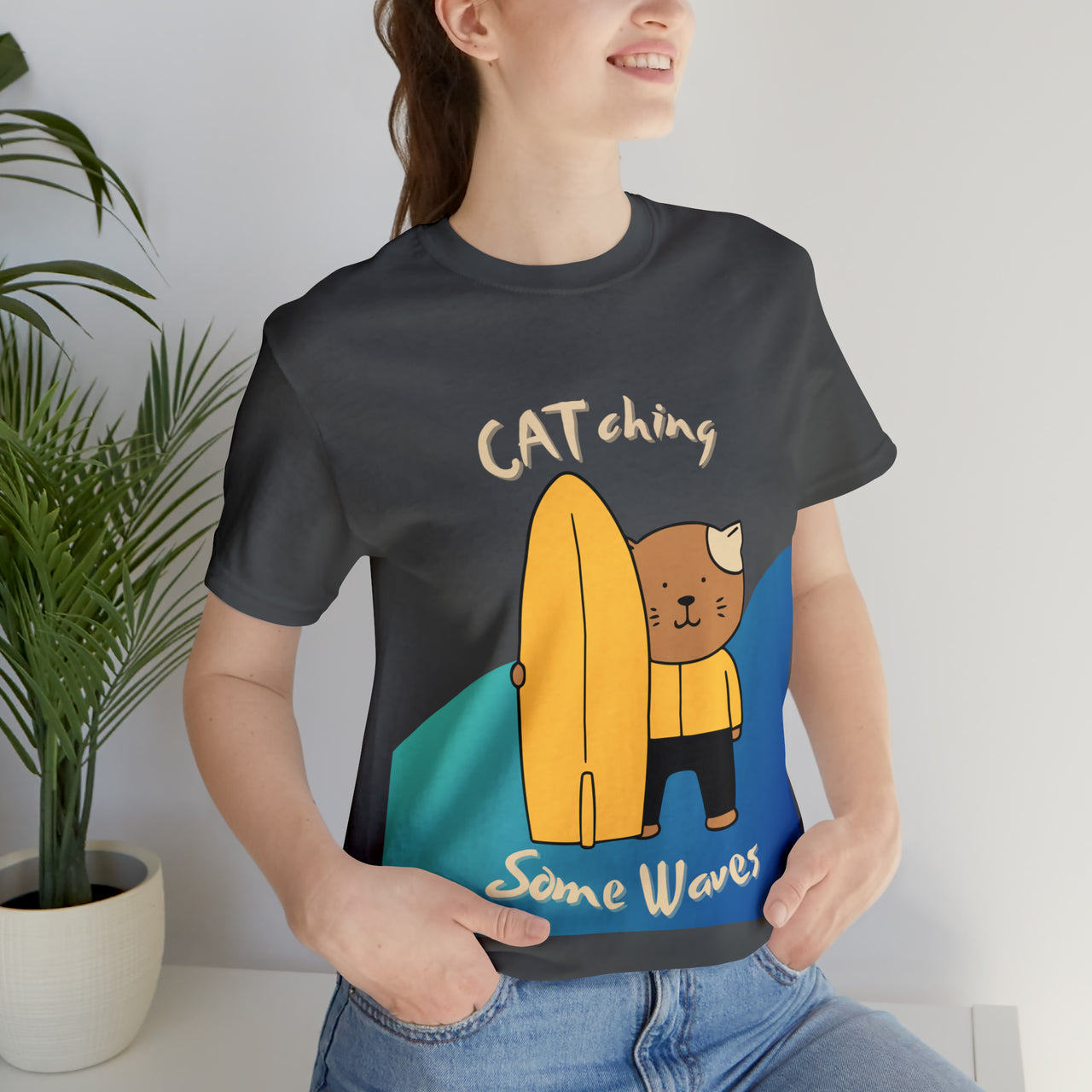 Cute Cat Shirt for Men and Women Short Sleeve Tee Surfing Cat Catching Waves