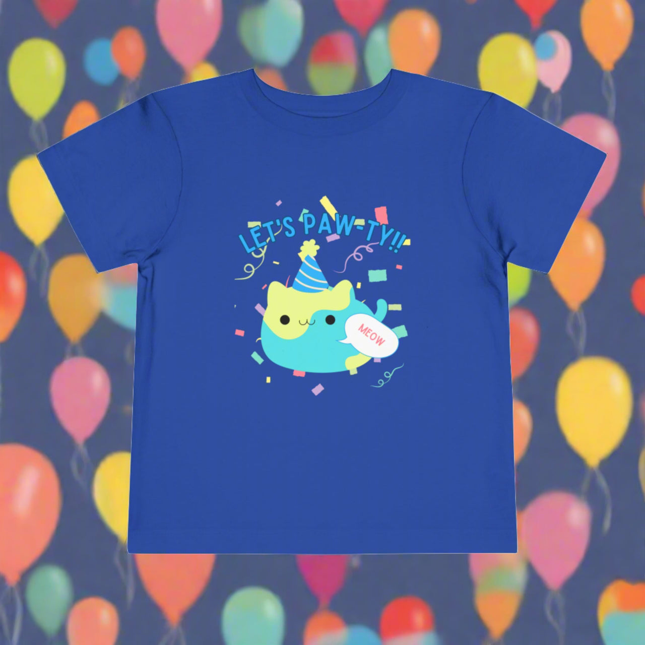 cute toddler cat shirt with fat cat graphic with party hat. Birthday cat shirt that says Let's Pawty!