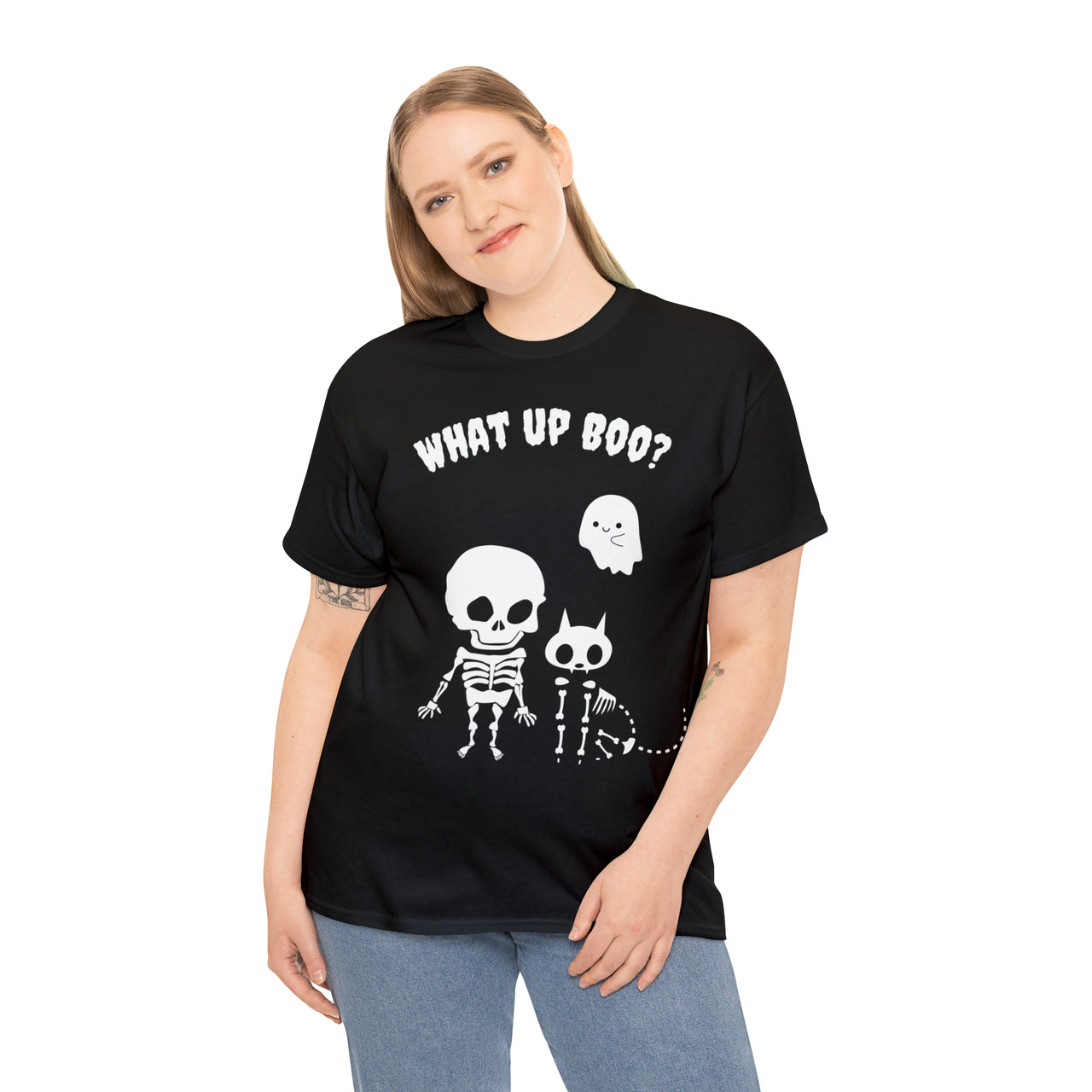 What Up Boo Mens and Womens Cute Halloween Skeleton Cat Shirt Unisex Heavy Cotton Tee