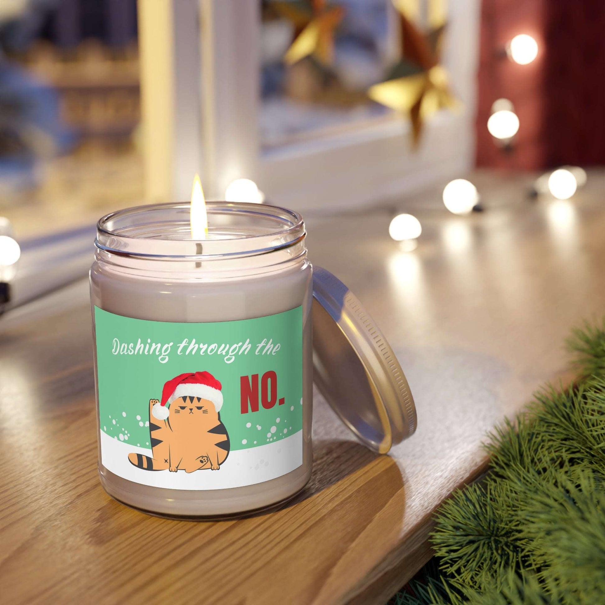 Funny Christmas Cat Scented Candle Dashing Through the No - Kittie Korner Printing LLC