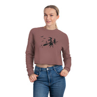 Thumbnail for Halloween Cat Witch on a Broom Crop Top Shirt Sweater for Women and Teen Girls