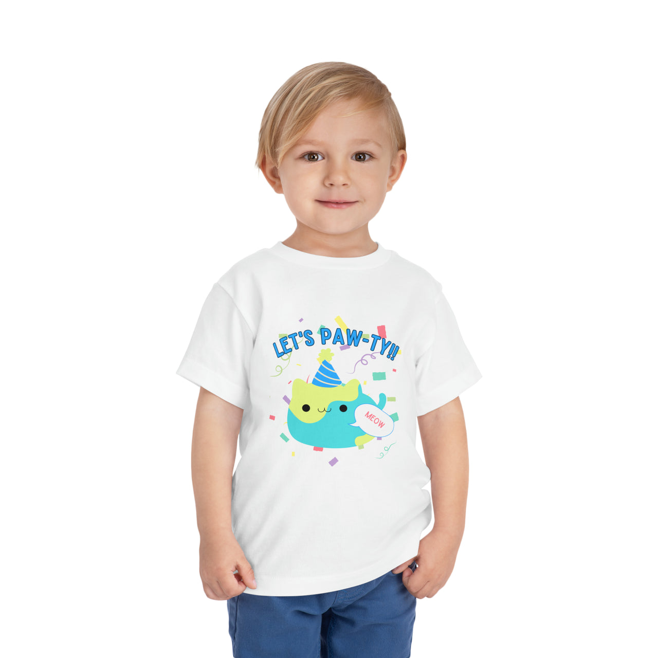 cute toddler cat shirt with fat cat graphic with party hat. Birthday cat shirt that says Let's Pawty!