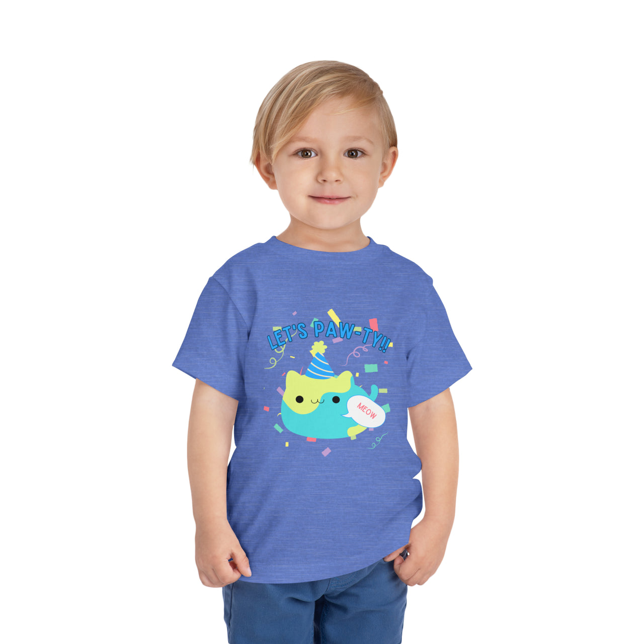 cute toddler cat shirt with fat cat graphic with party hat. Birthday cat shirt that says Let's Pawty!