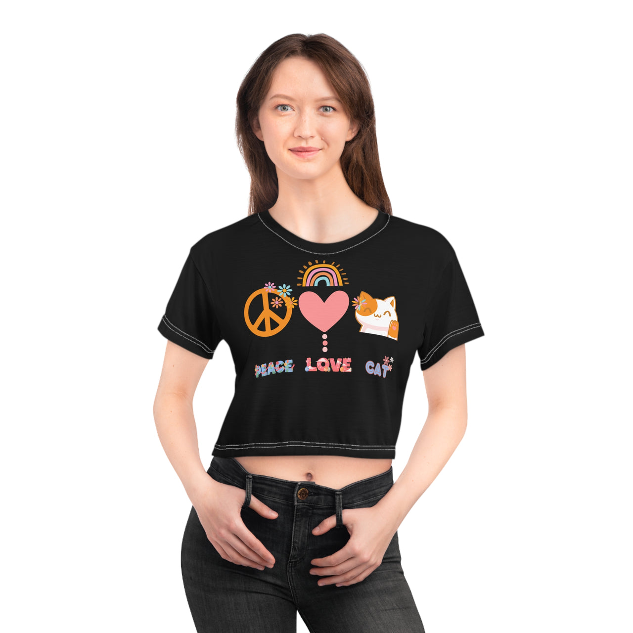 peace love cat cropped cat t-shirt for women and teen girls