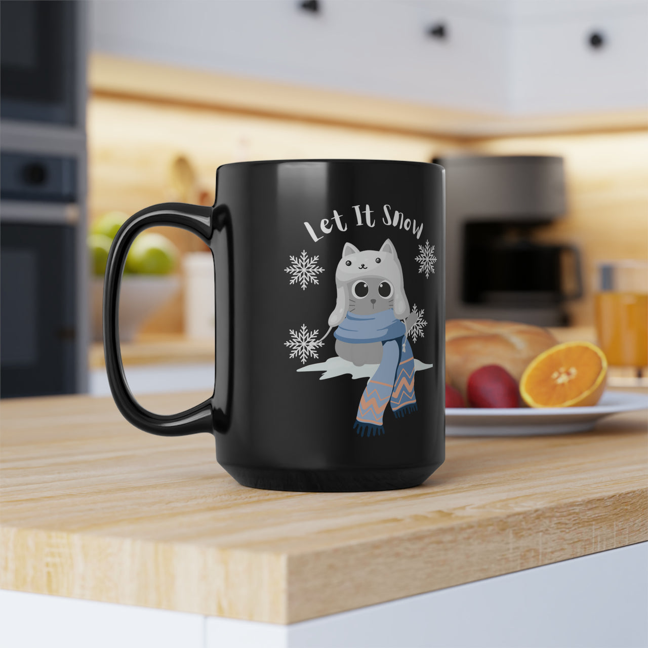 Black Mug, 15oz Let It Snow Holiday Cat Coffee Tea Cute Cat Mug