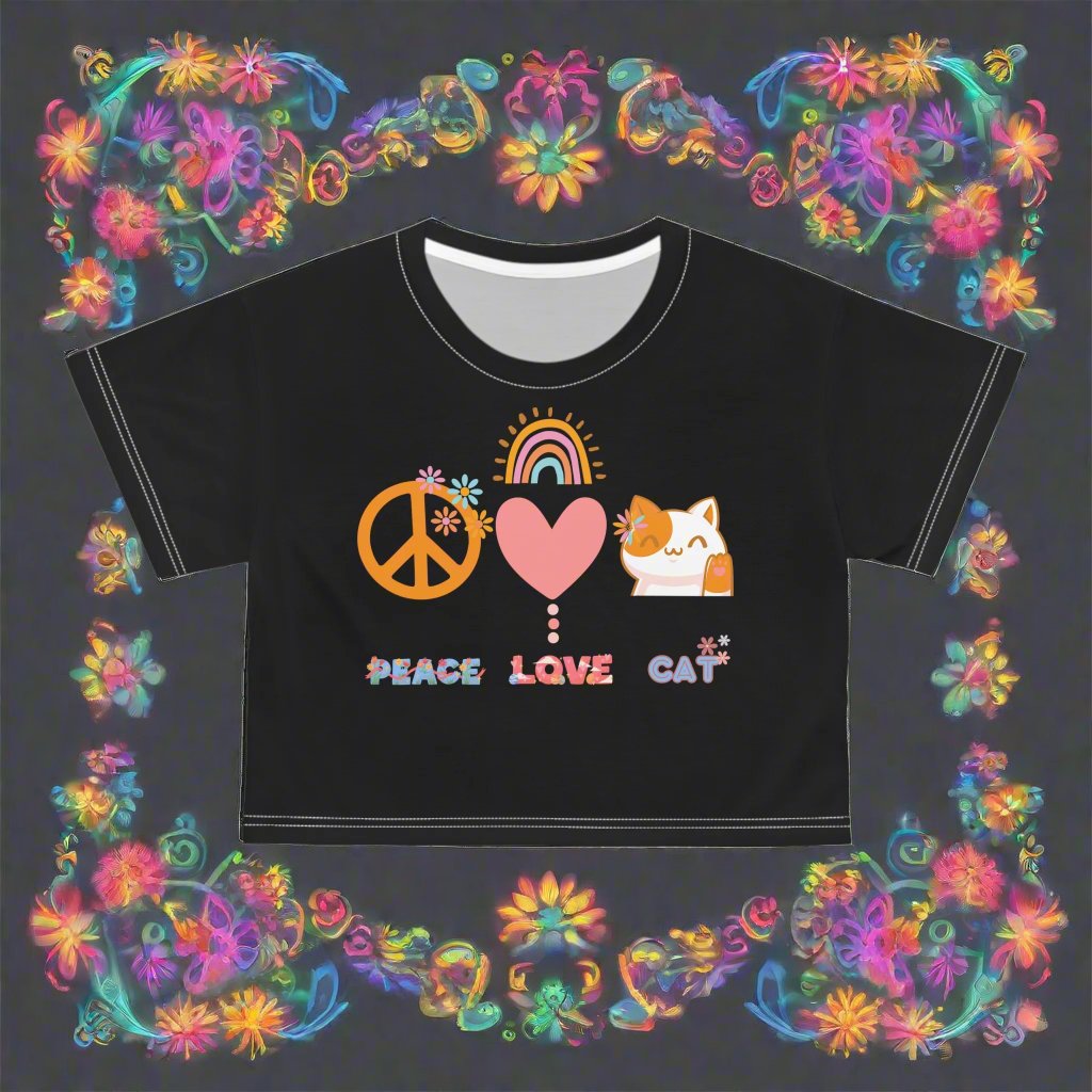 peace love cat cropped cat t-shirt for women and teen girls