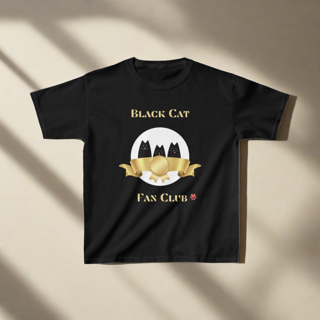 black cat t-shirt for kids featuring three black cats graphic, gold ribbon, and the words Black Cat Fan Club