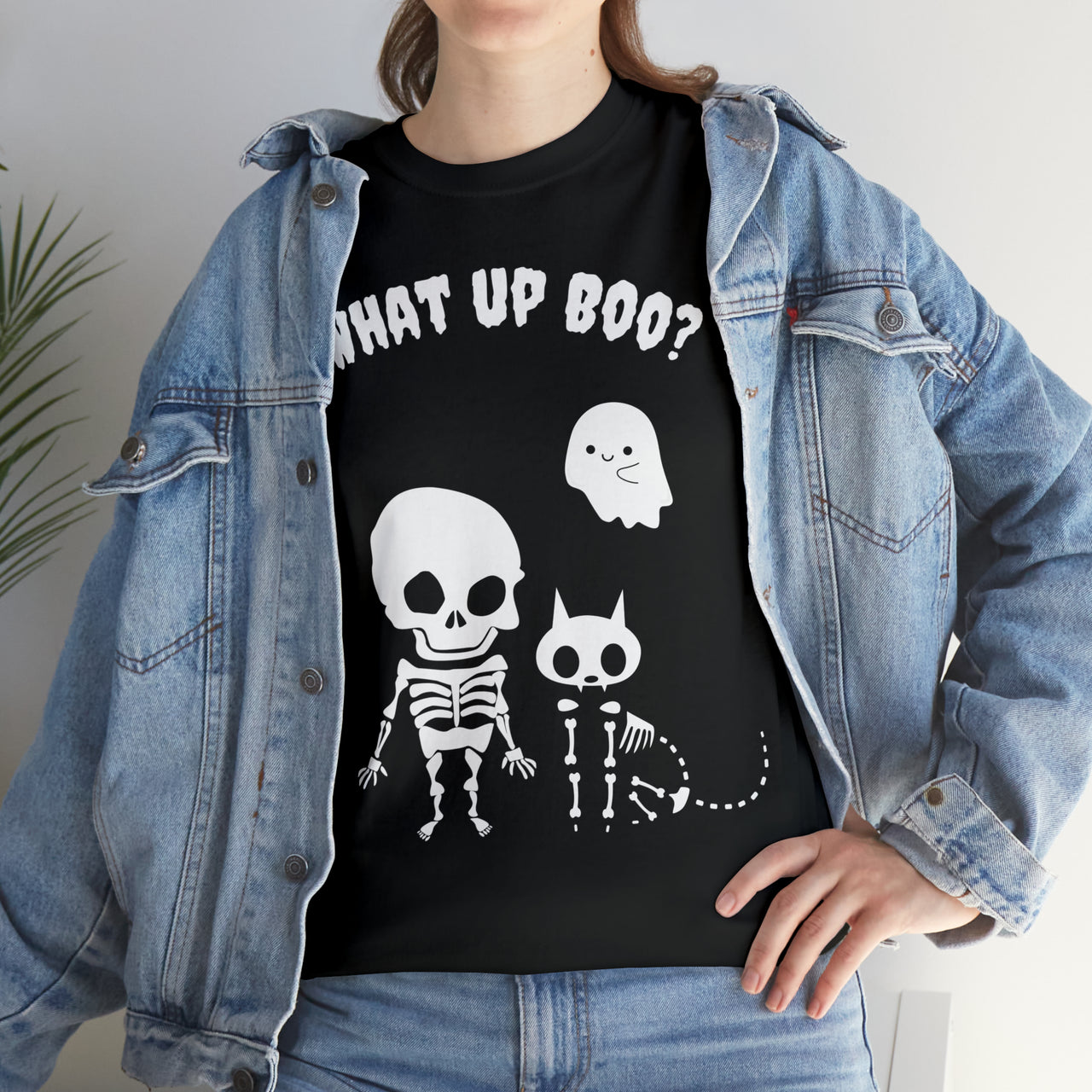 What Up Boo Mens and Womens Cute Halloween Skeleton Cat Shirt Unisex Heavy Cotton Tee