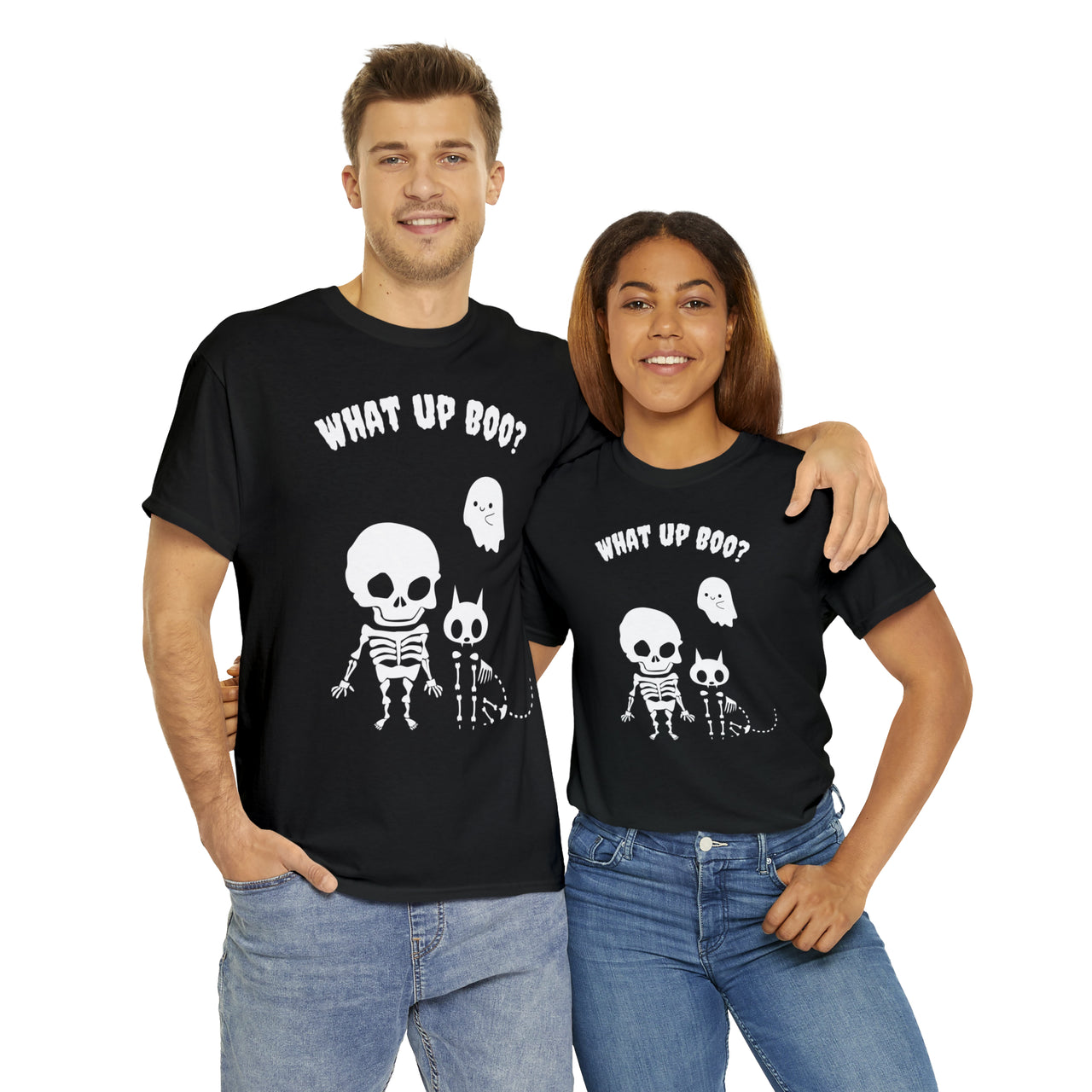 What Up Boo Mens and Womens Cute Halloween Skeleton Cat Shirt Unisex Heavy Cotton Tee