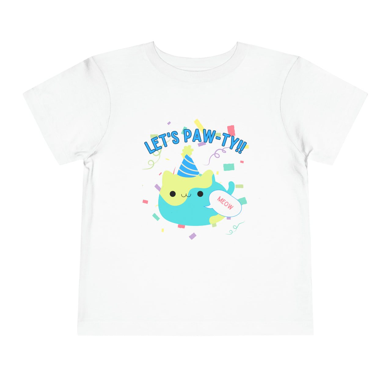 cute toddler cat shirt with fat cat graphic with party hat. Birthday cat shirt that says Let's Pawty!