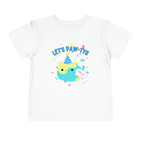 Thumbnail for cute toddler cat shirt with fat cat graphic with party hat. Birthday cat shirt that says Let's Pawty!