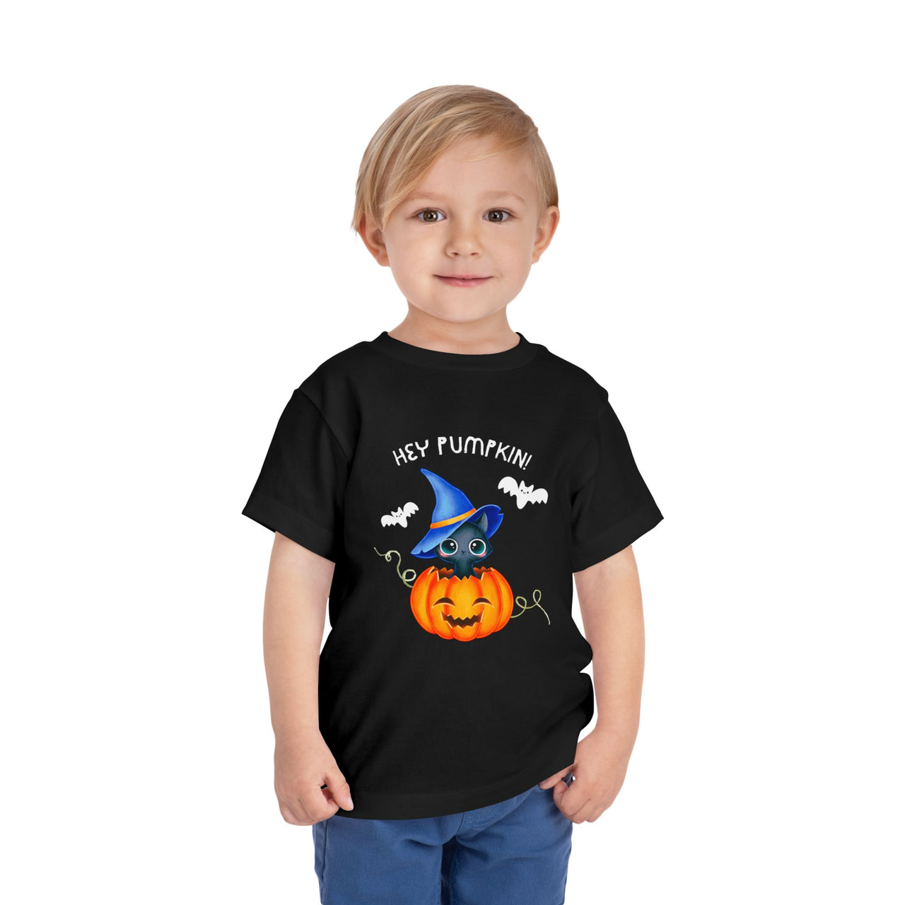 Hey Pumpkin Cute Halloween Toddler Short Sleeve Cat Witch Tee