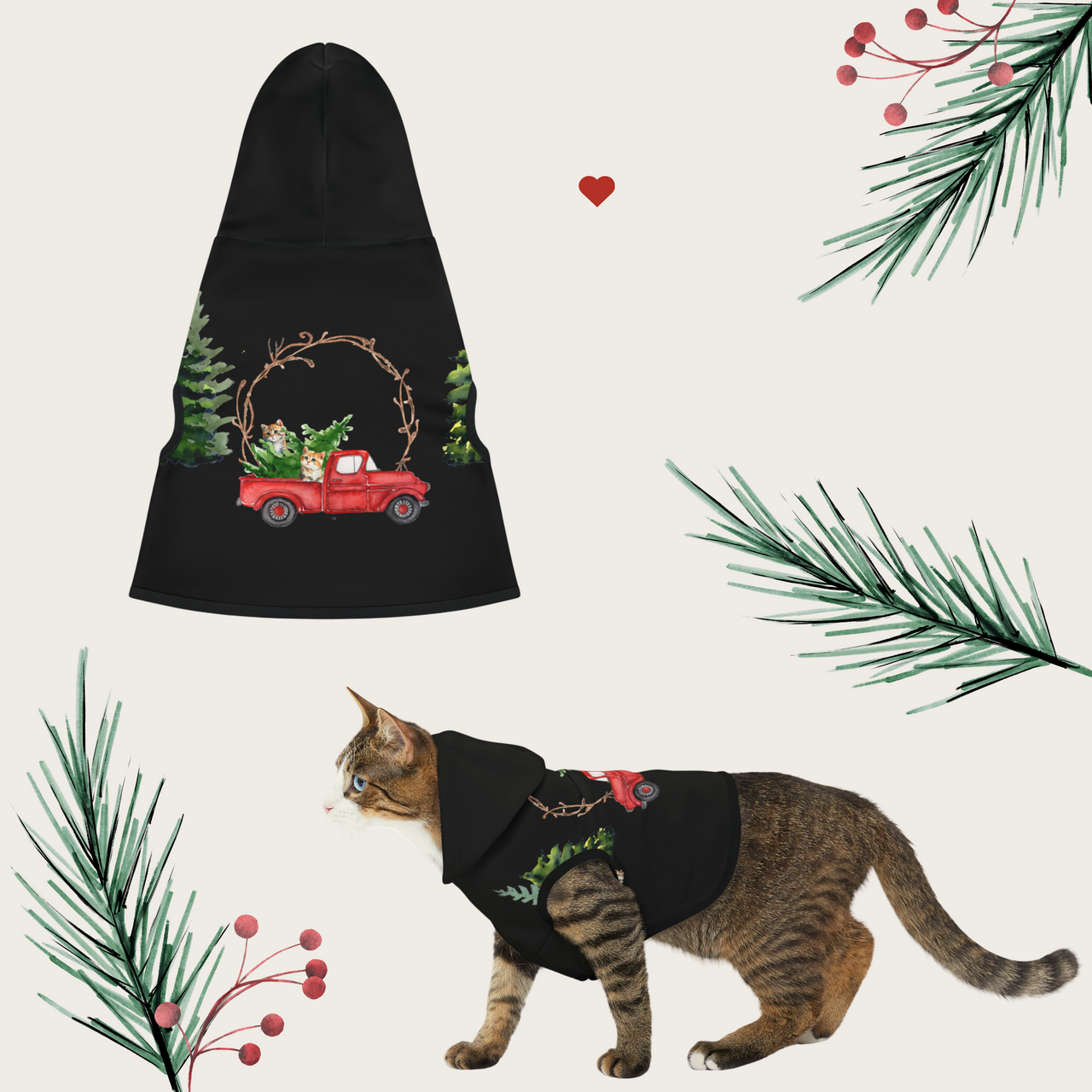 Cats in a red truck winter christmas hoodie for cats, christmas cat apparel, winter cat hoodie