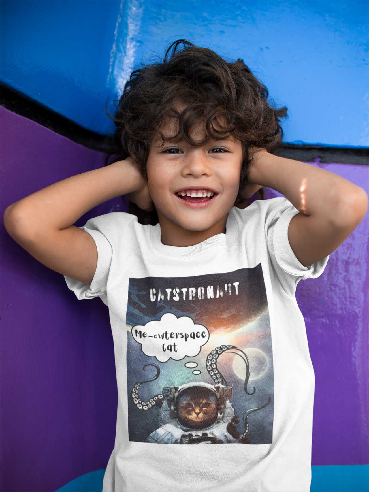 funny astronaut cat shirt for kids, cute graphic tee for kids